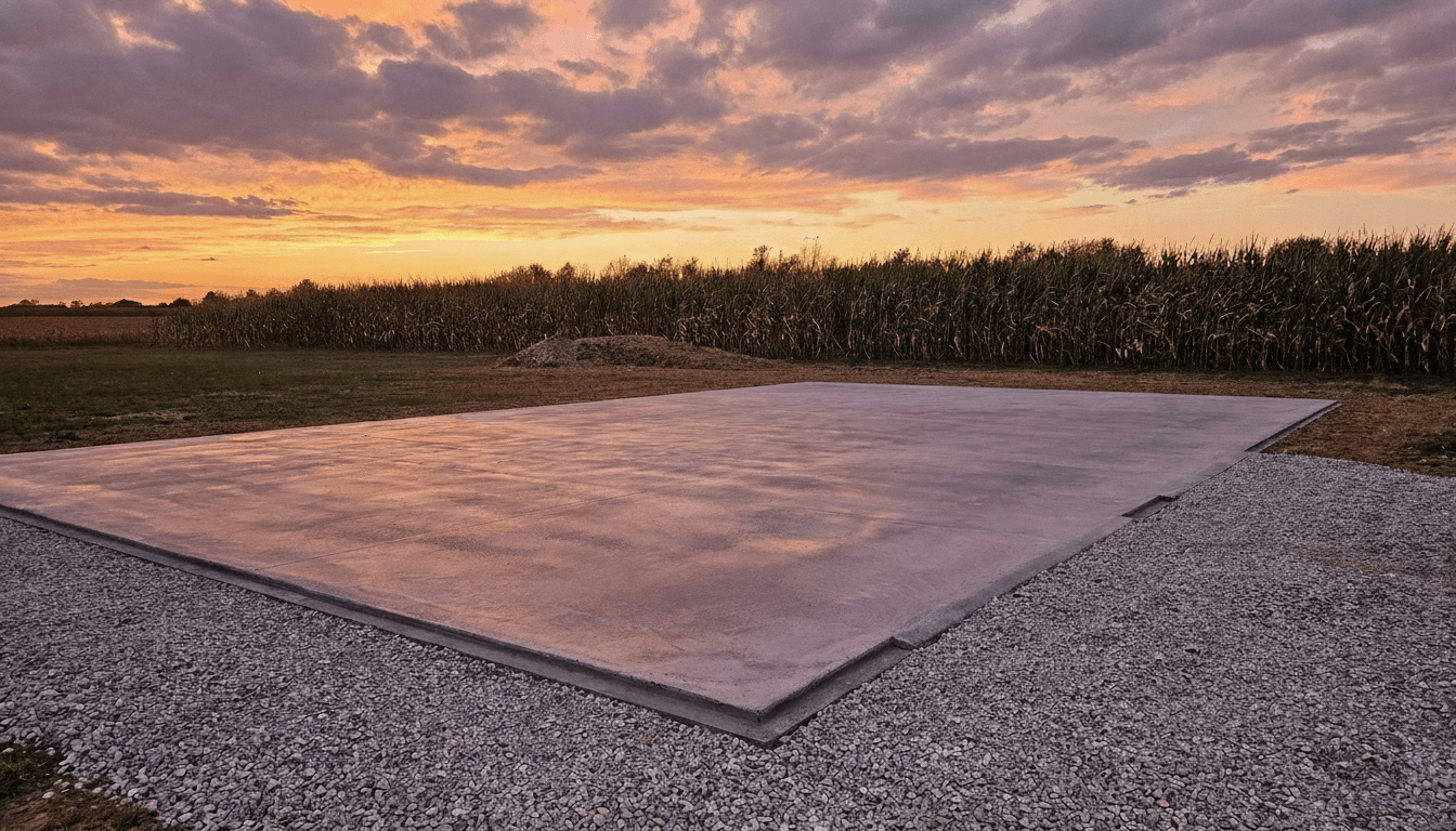 Fresh concrete slab prepared for a Bulldog steel building