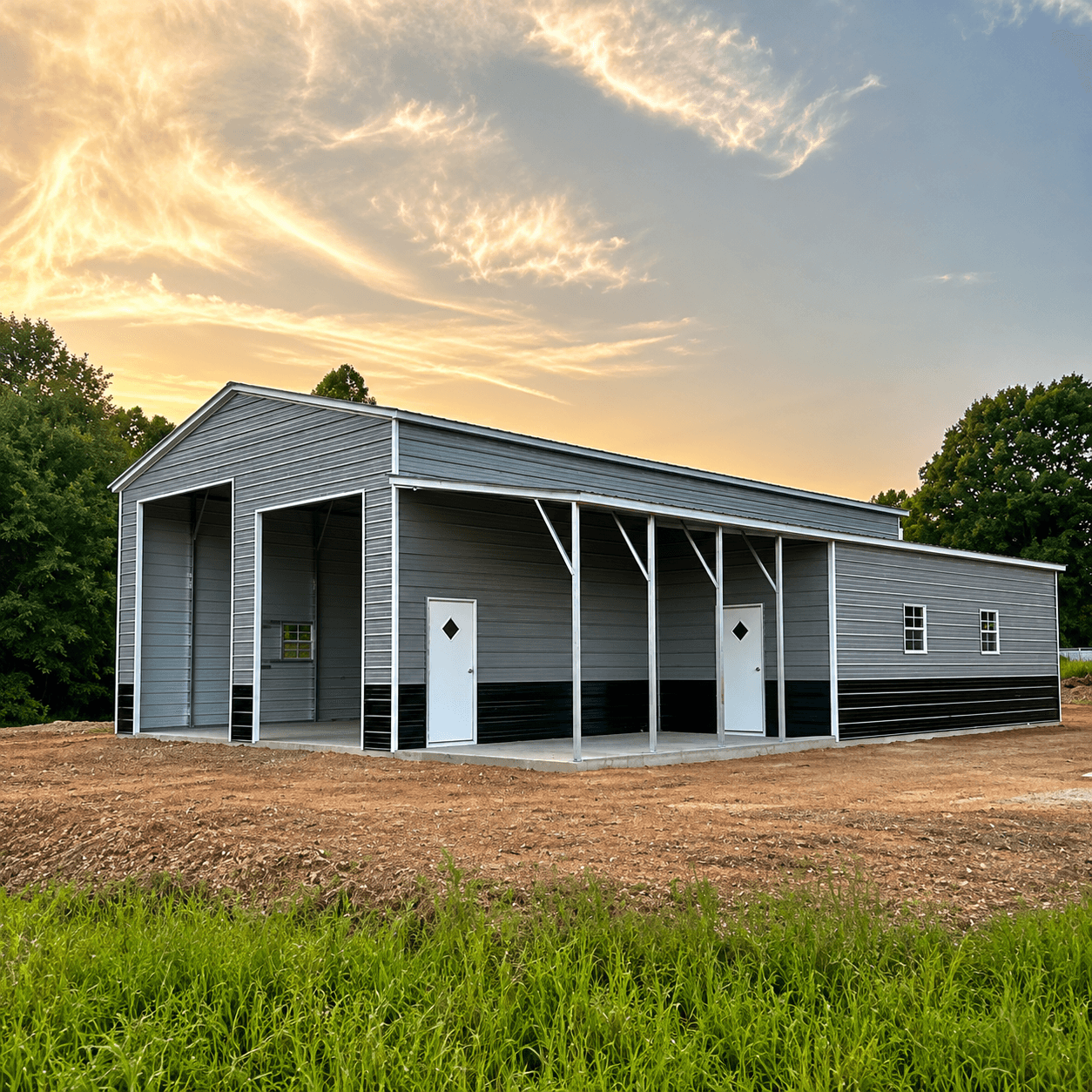 Finished steel garage on a residential lot