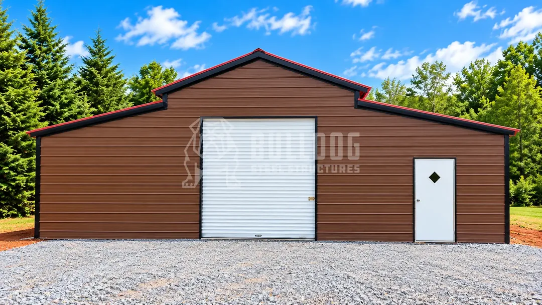 Enclosed A-frame vertical metal barn with roll-up garage door and walk-in door designed in the 3D Builder