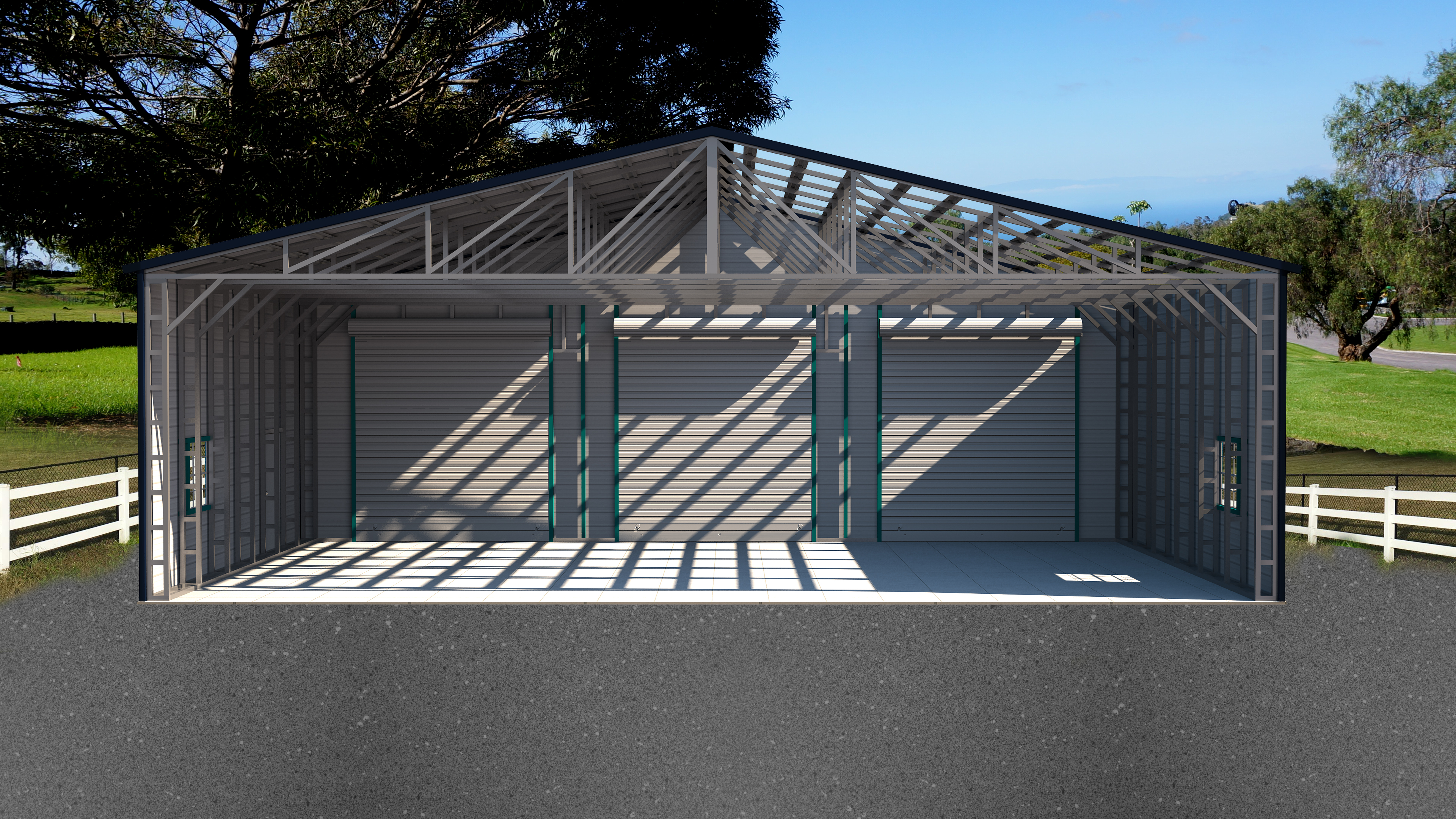 front view of custom metal garage with frame installed