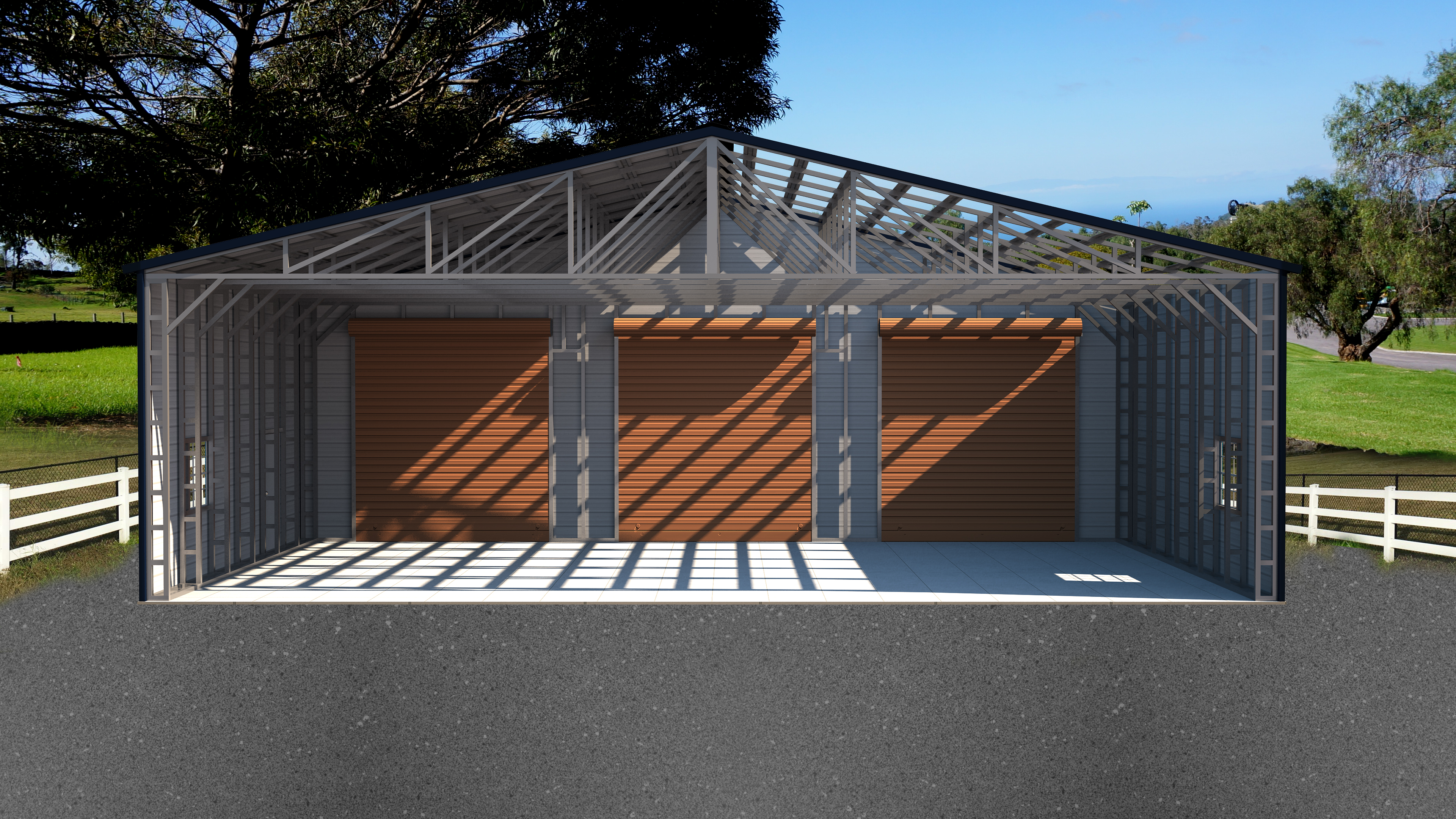 front view of a custom metal garage with three doors