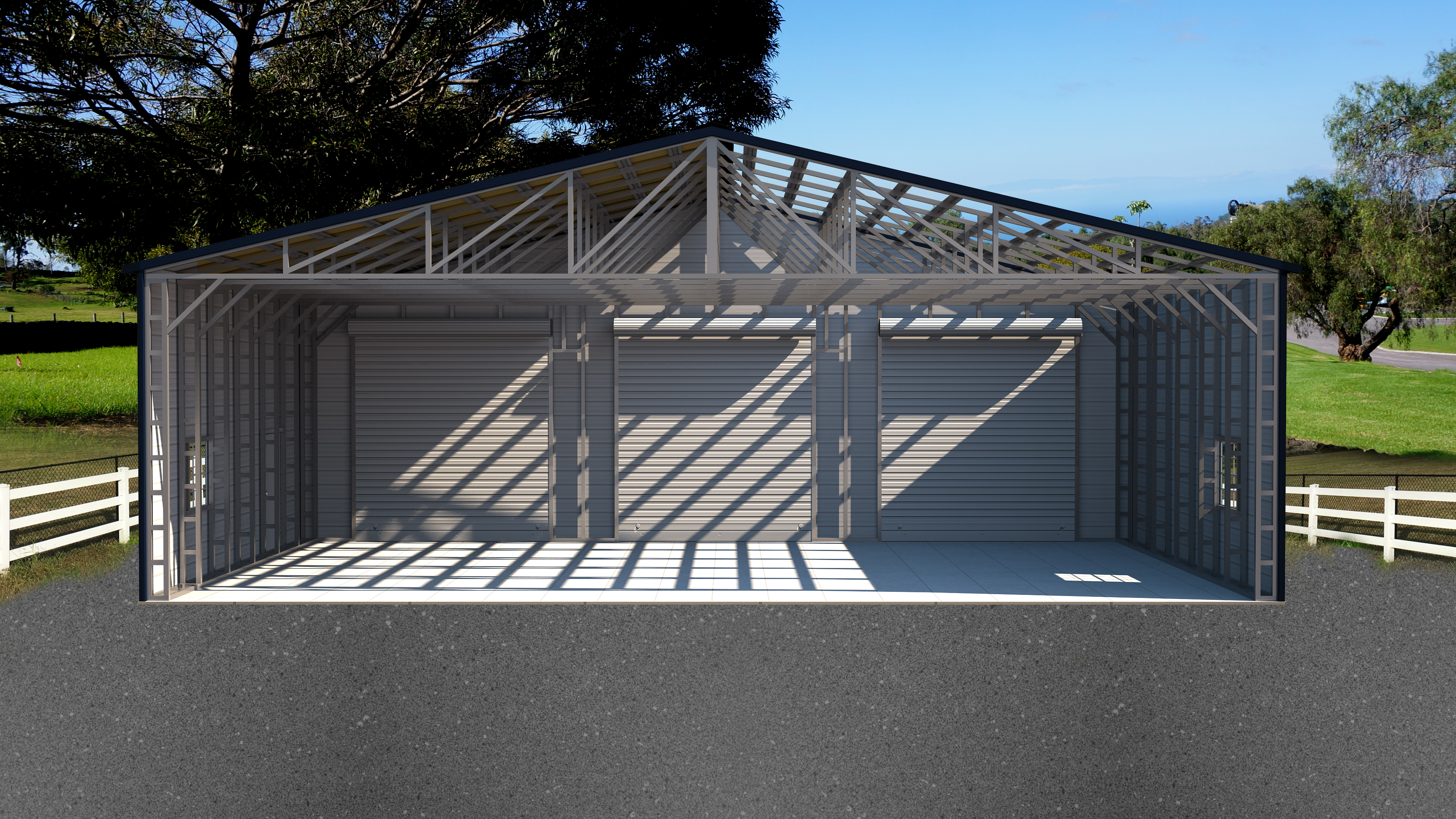 front view of custom metal garage with roof