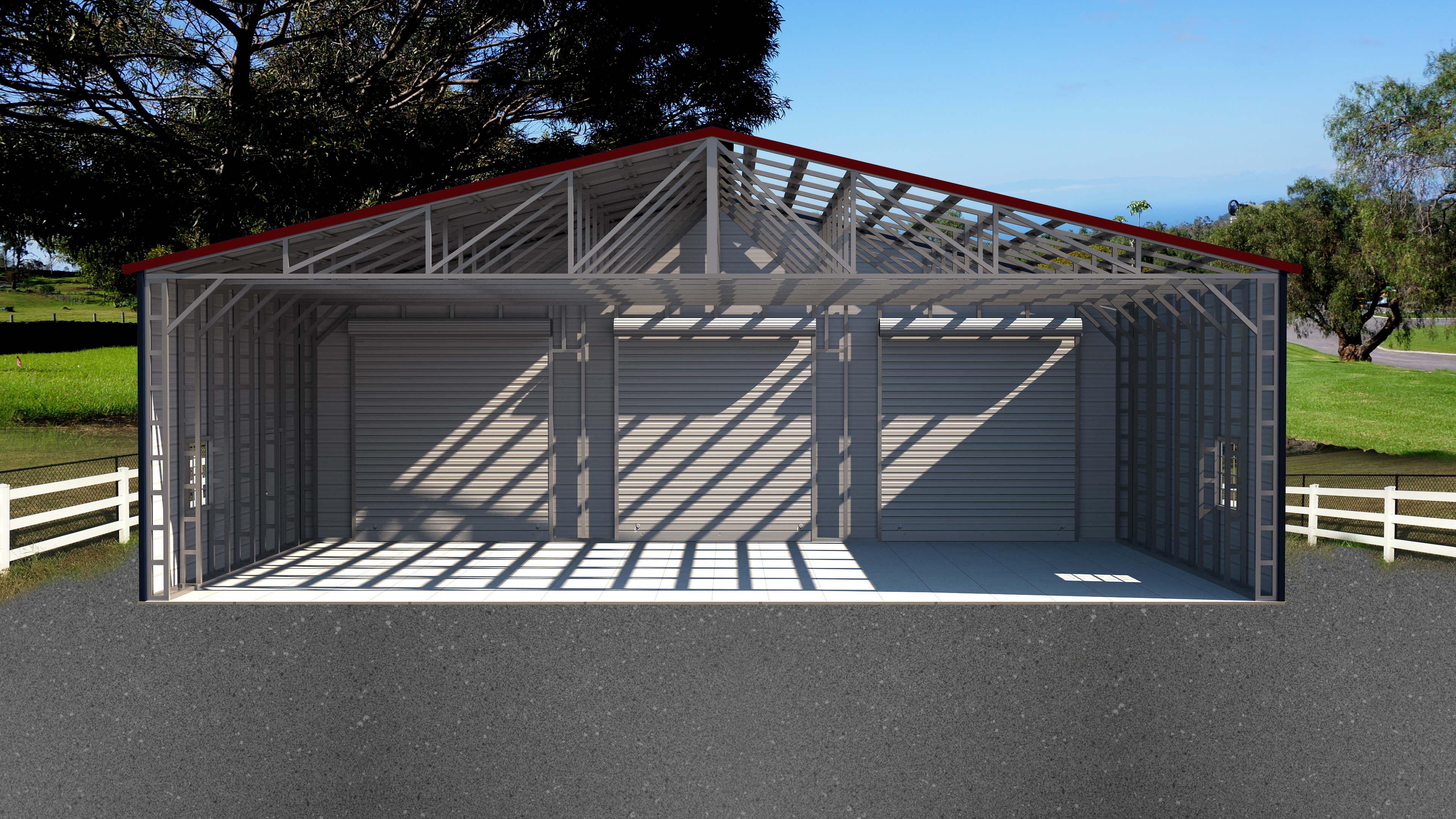 front view of custom metal garage with vertical trim