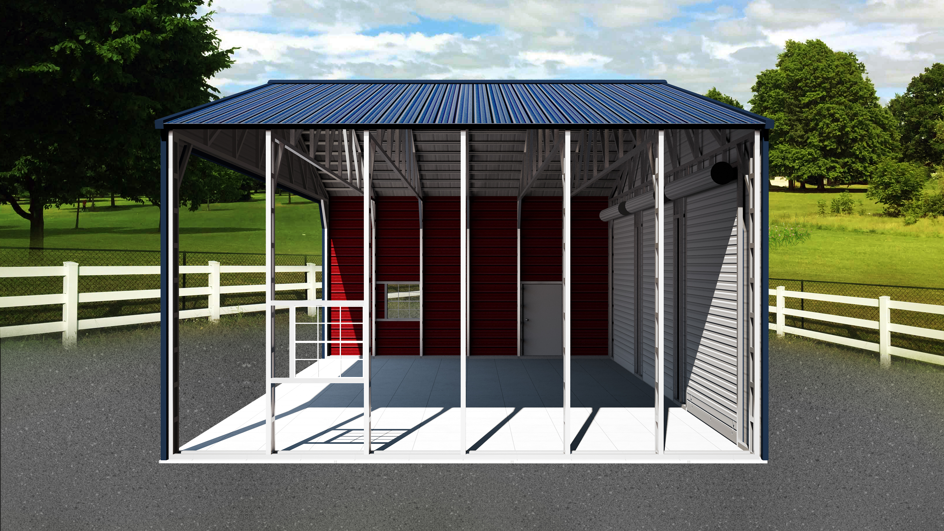 side view of custom metal garage with insulation