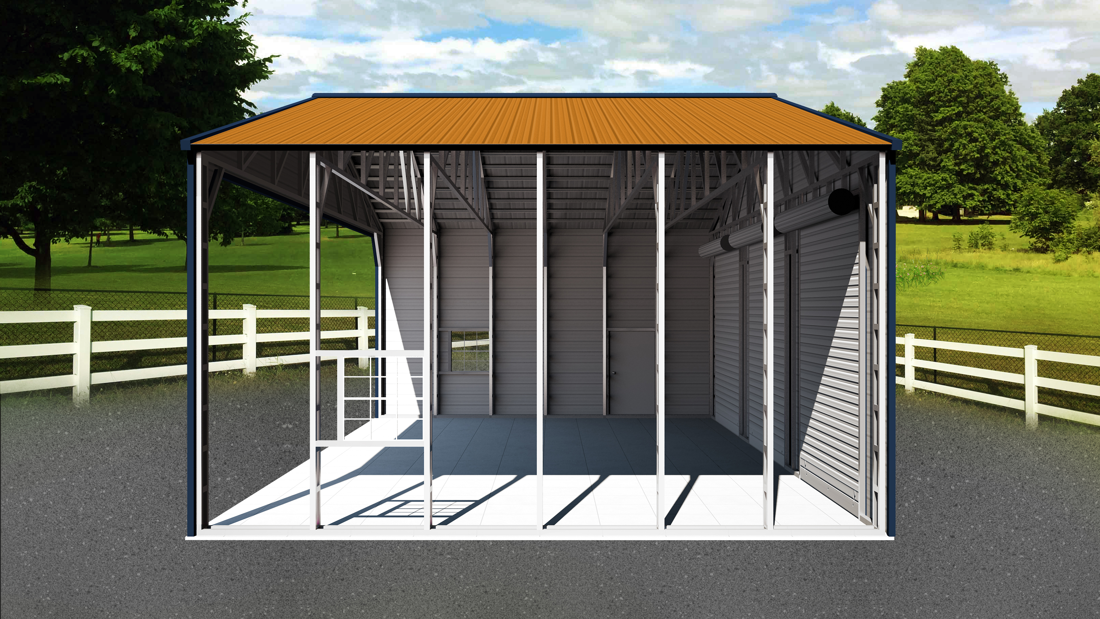 side view of custom metal garage with roof