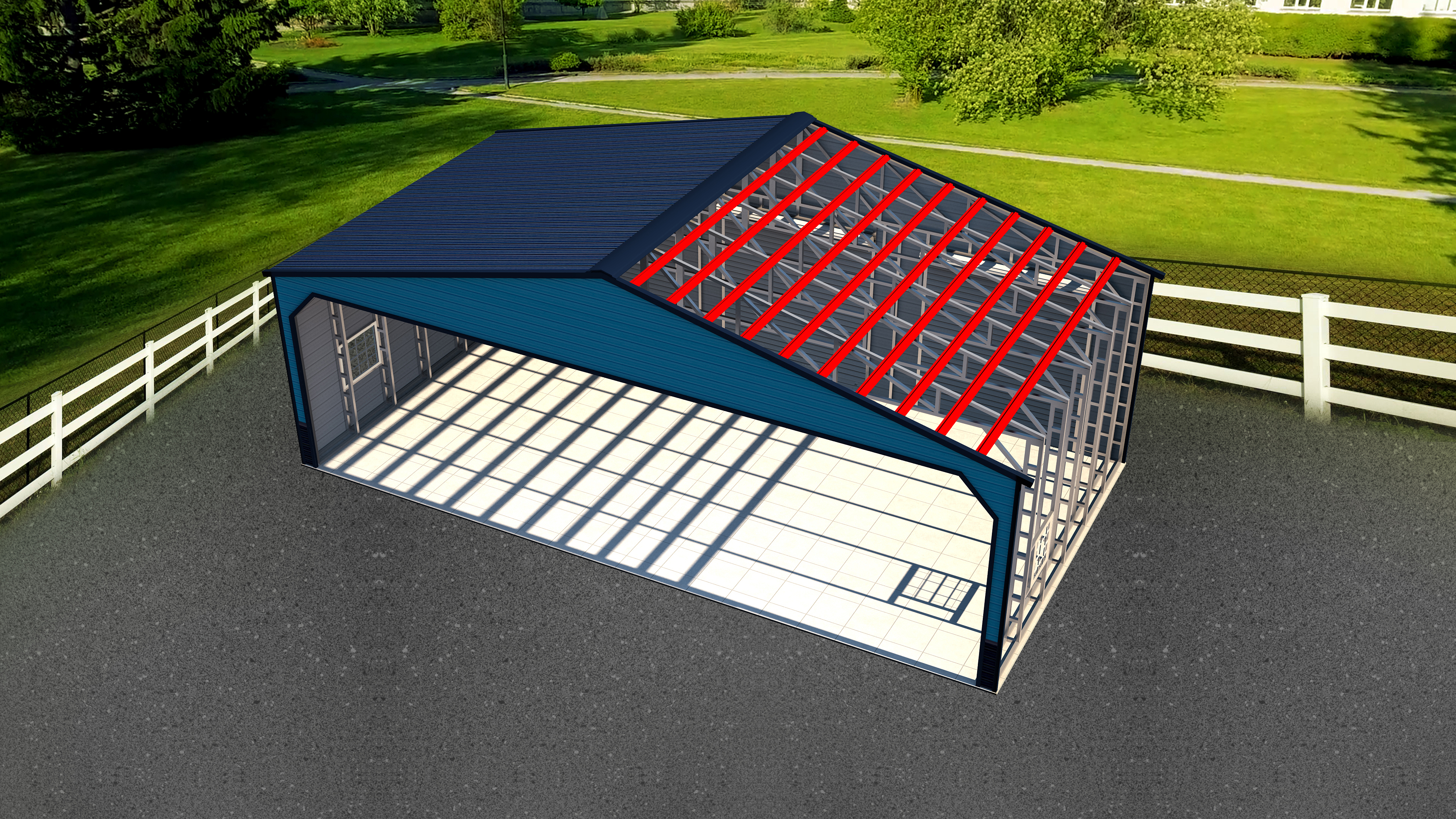 top view of custom metal garage with hat channel