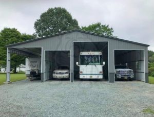 custom metal garage with four vehicle spaces.