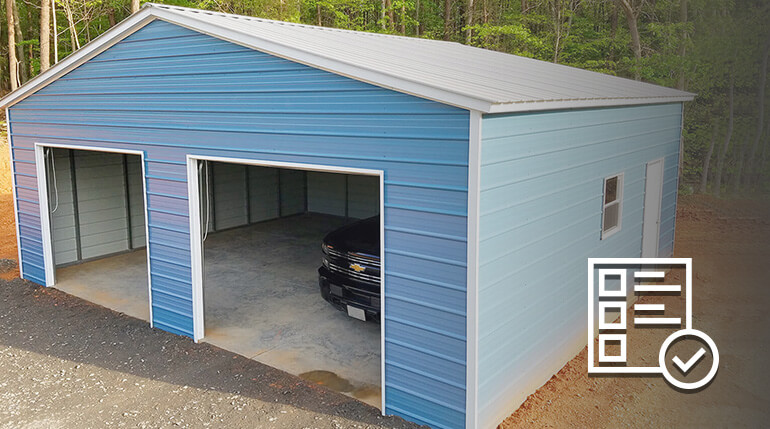 Blue steel carport with two garage entrances. Once car inside.