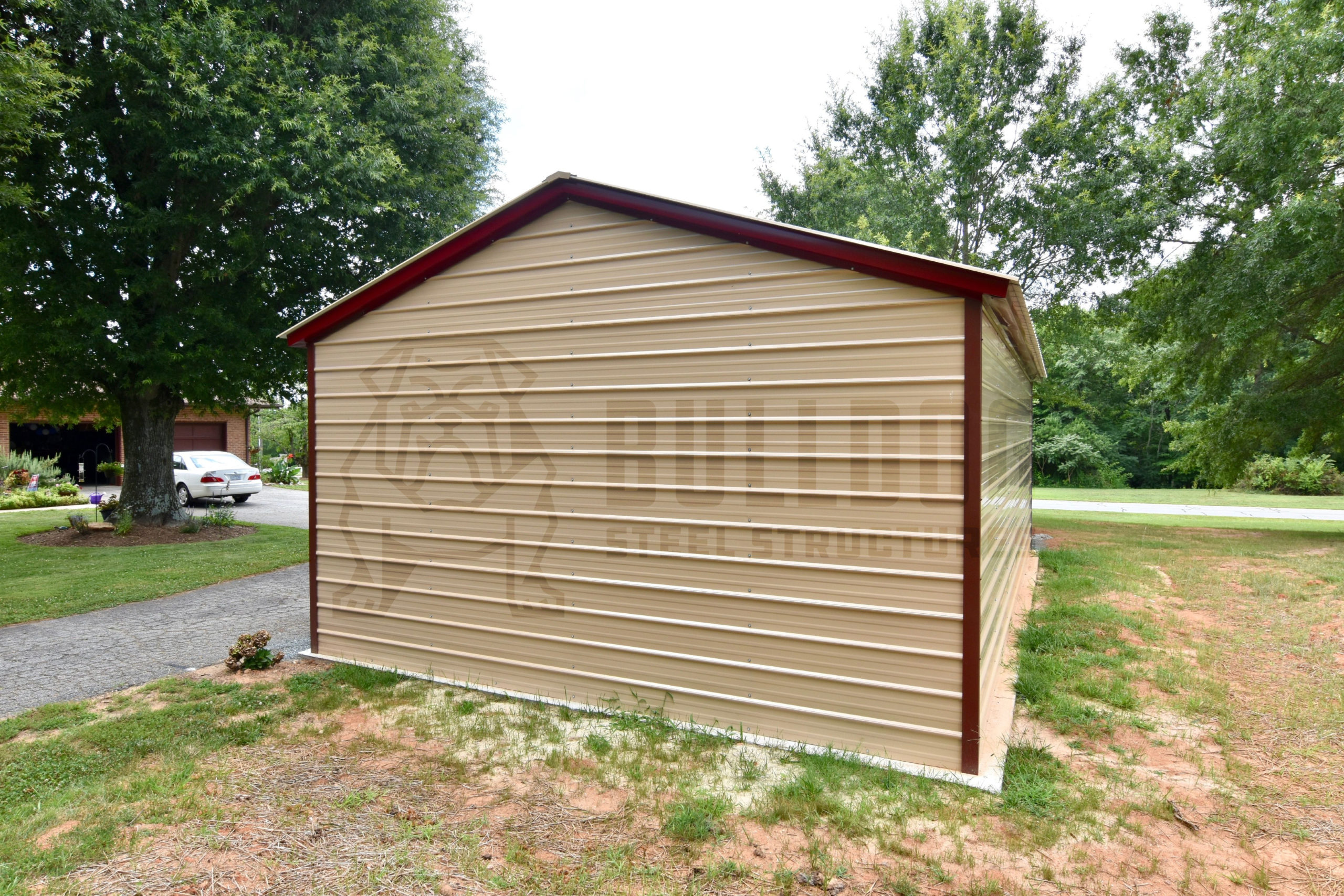 Metal shed with tan walls