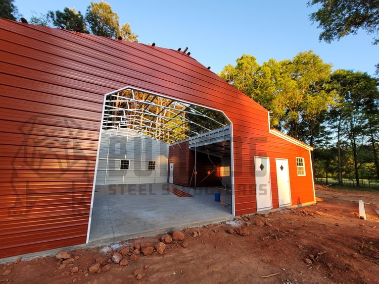 Exterior of red metal barn