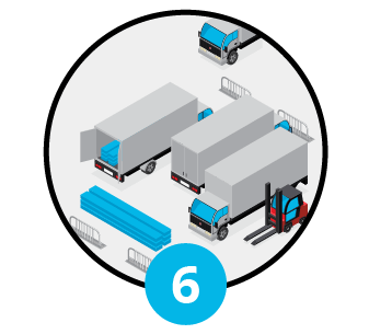 step 6 graphic with trucks and forklift moving metal building equipment