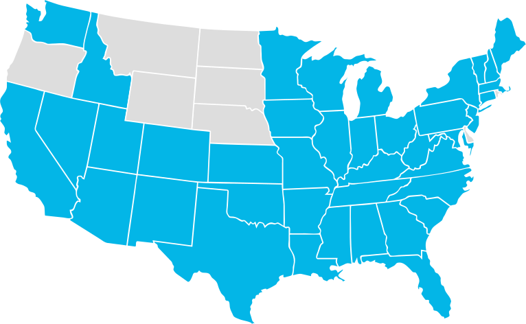 service area map showing all states filled in with blue except for oregon, north dakota, south dakota, and nebraska