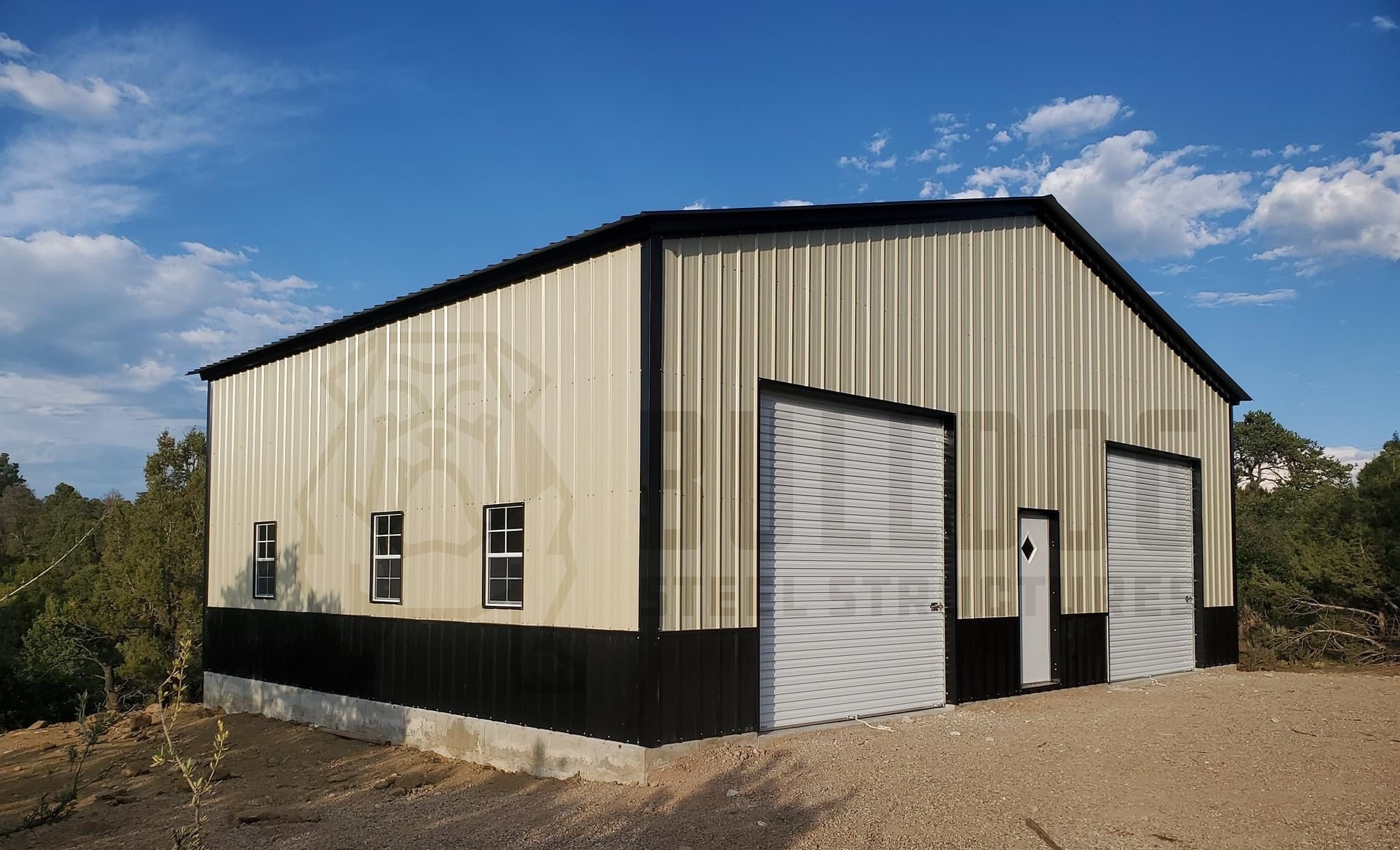 black and tan commercial metal building