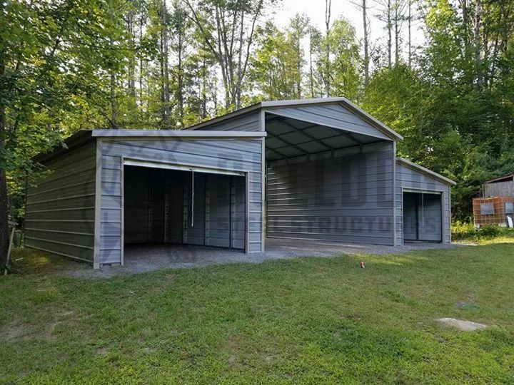 light blue metal barn