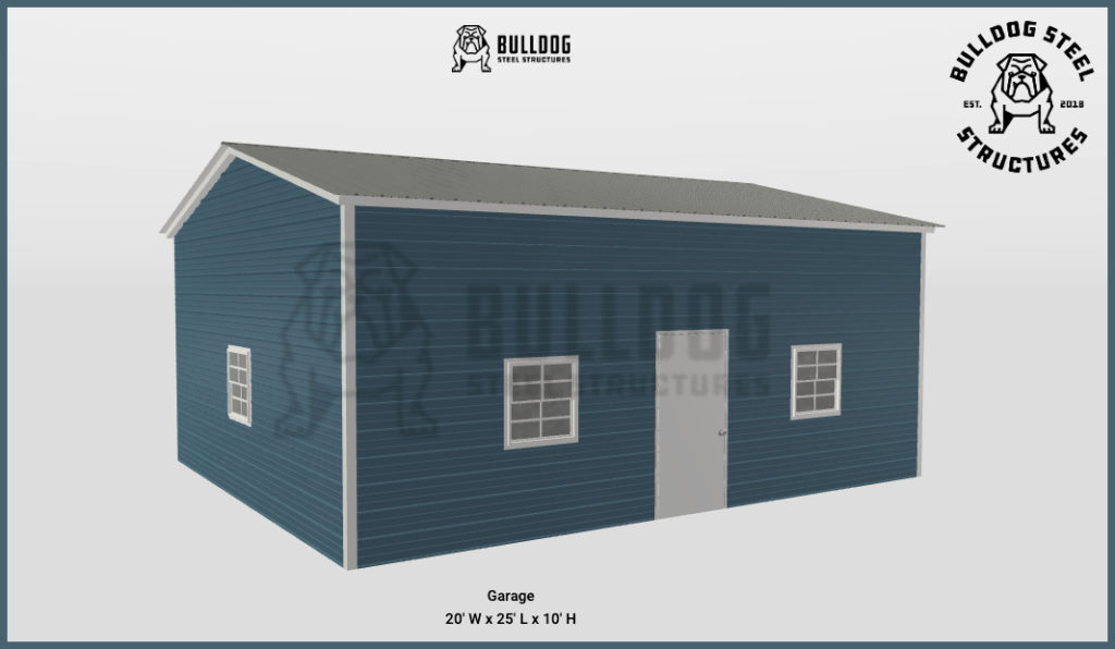 Computer model of blue shed with three small windows.