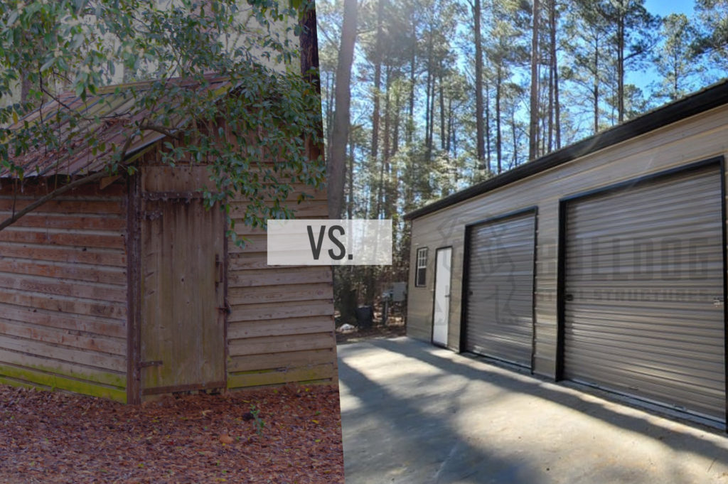 Side-by-side image of wooden shed on left and large garage on right, with "vs." between the two.