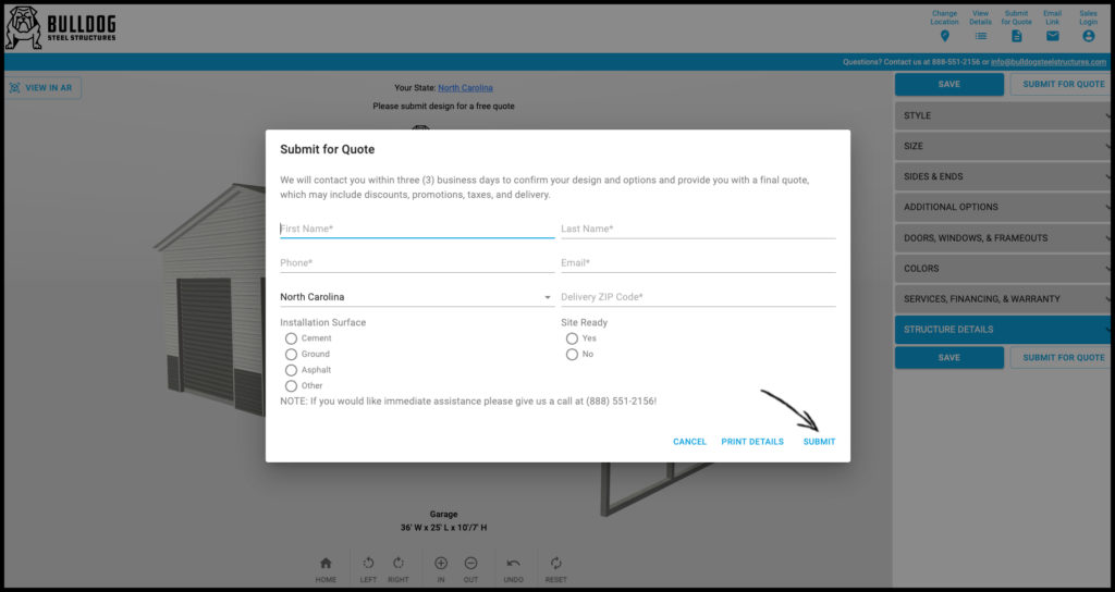 Screenshot of 3D builder with "Submit for Quote" screen open.