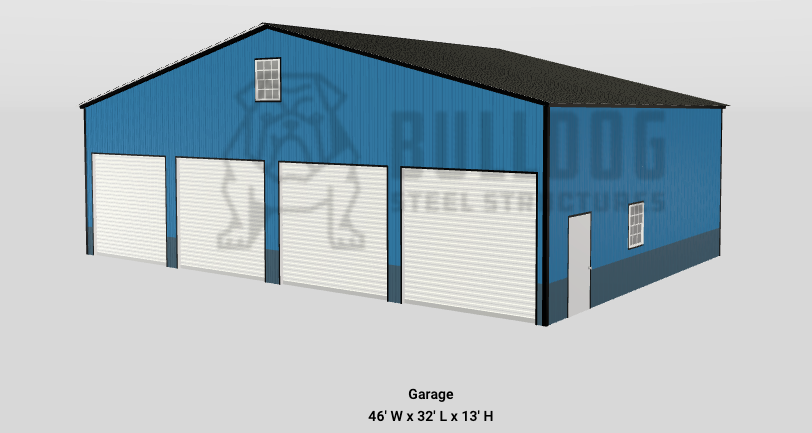 Blue metal garage with 4 white garage doors