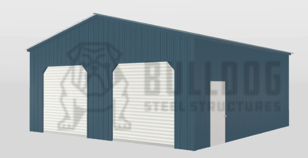 Metal building with vertical siding and two white rolling garage doors.