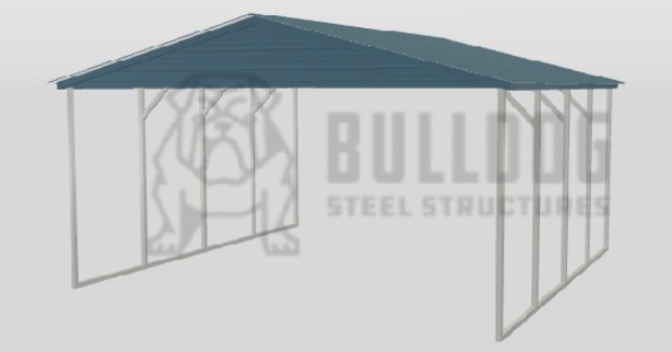 Bulldog Steel Structures car port with blue top and gable ends.